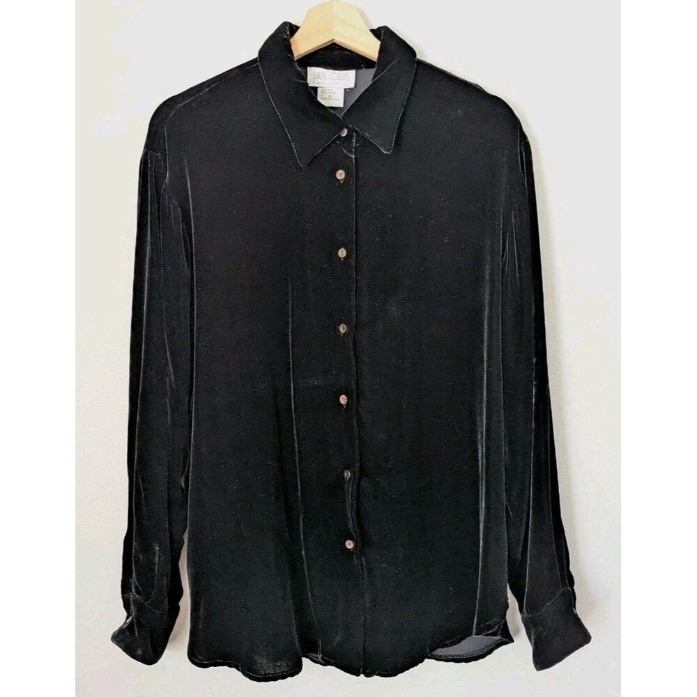 Vintage Black Silk Rayon Velvet Button Up Shirt Classic Quiet Luxury Womens XL
